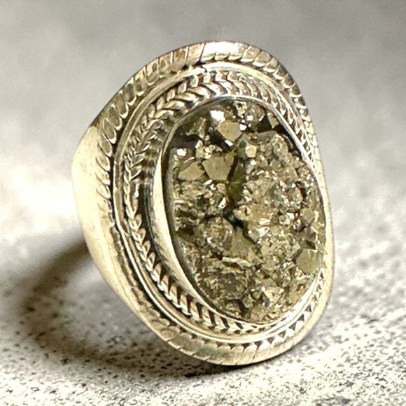 925 Sterling Silver Jewelry - Vintage Sterling Silver Pyrite Statement Ring 7.5 Grams Size 7.5 With Intricate